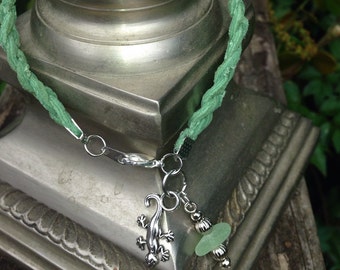 Braided Leather Gecko Bracelet with a "piece of the beach"Sea Glass