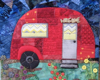 Made to Order, Quilted Wall Hanging, Vintage Camp Trailer, Art Quilt, Whimsical Quilt, Gift Idea
