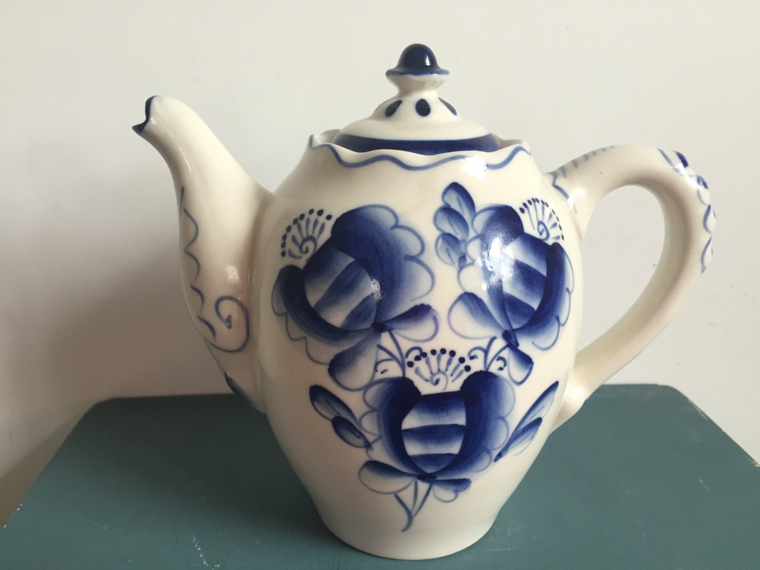 Beautiful Blue and White Ceramic Teapot/ Vintage Russian Teapot / Made