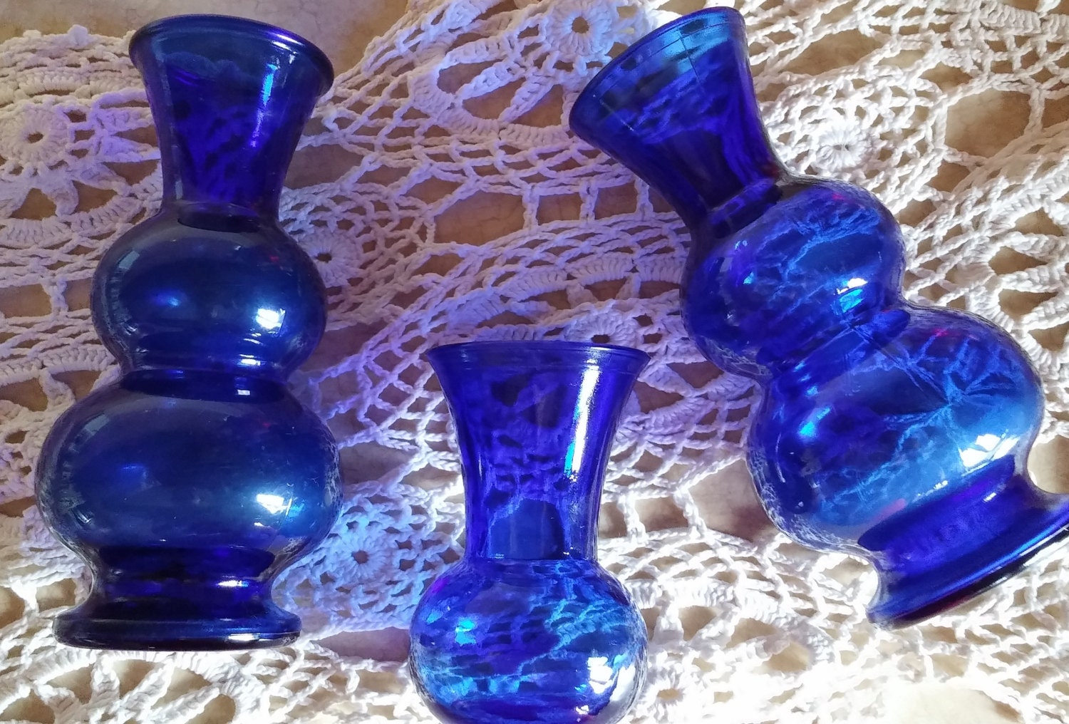 Trio Cobalt Blue Vases Depression Glass Two 6 by PamsWayBackWhen