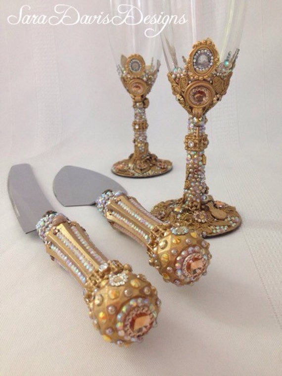  Gold  Cake  Server and Toasting Flute Set  Gold  Toasting Flutes