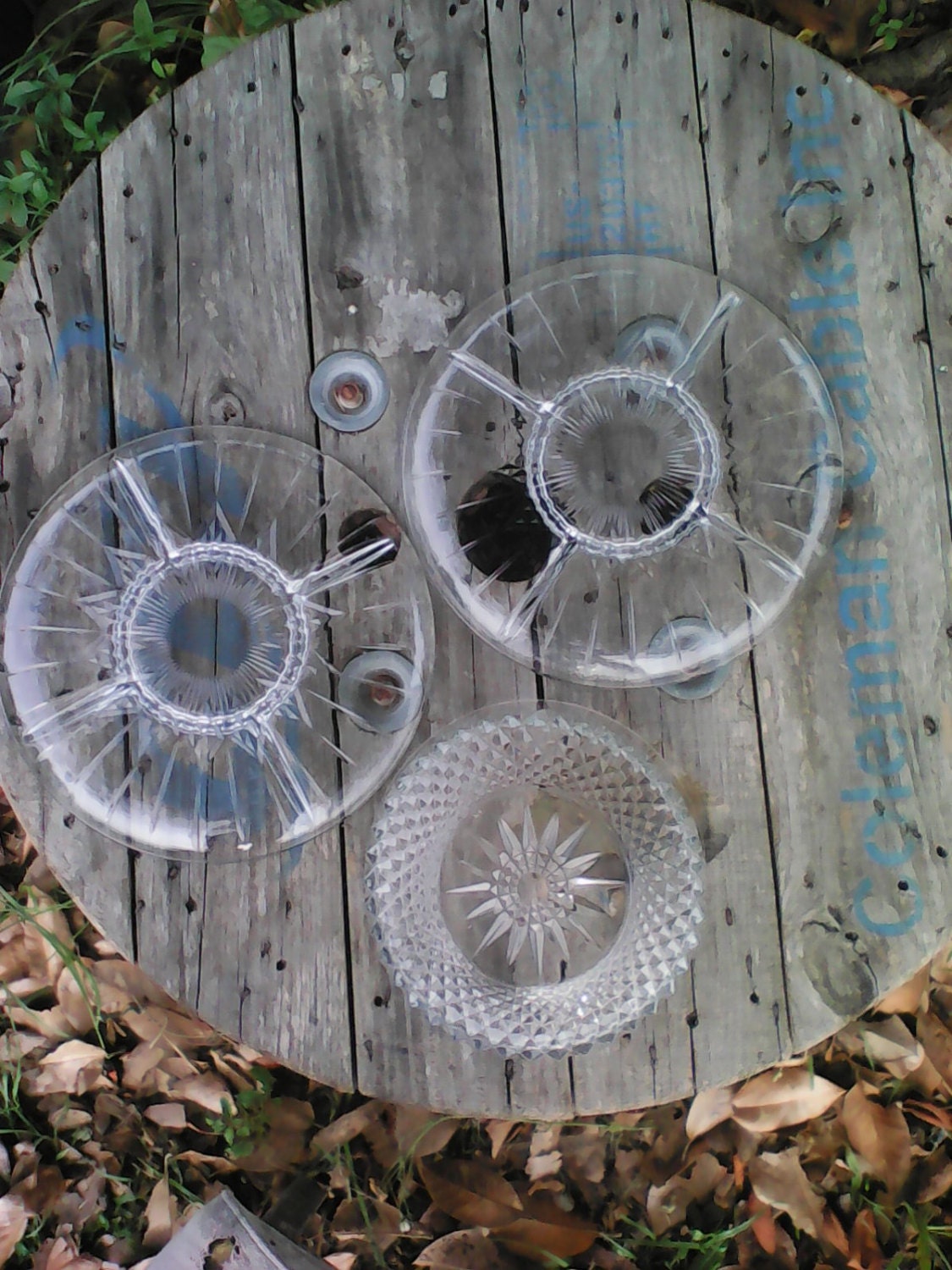 3 piece glass serving set, 2 starburst sectioned platters, 1 diamond