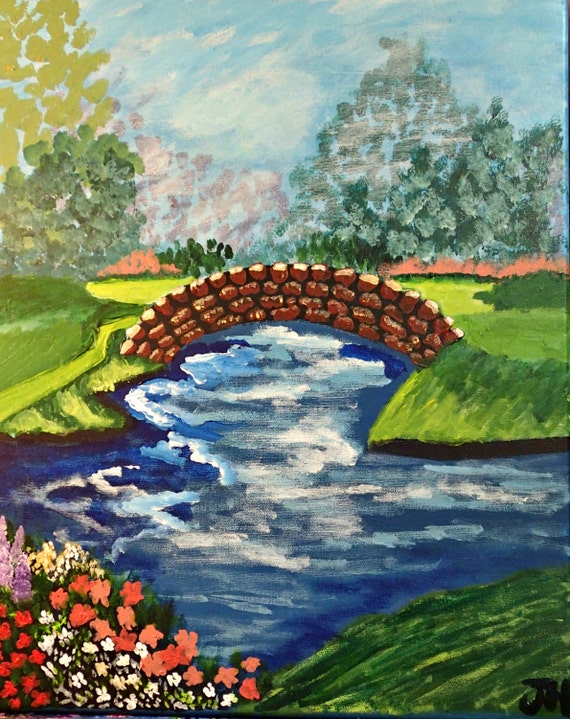 Items similar to Stone Bridge with flowers Acrylic Painting on ...