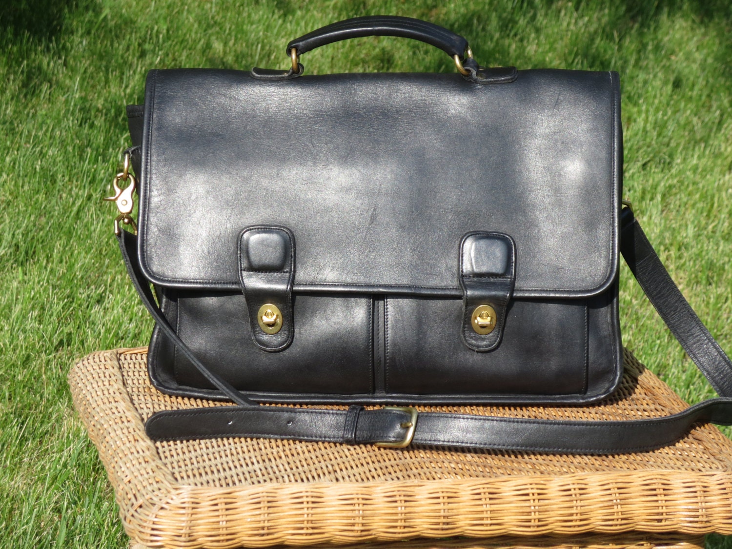 Vintage Coach Black Leather Briefcase Messenger Bag Laptop 8254