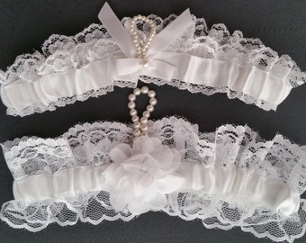 White lace garter set, white satin, white flower, Pearl, Wedding garter, Bridal garter, Prom garter, Garter set, Custom garter