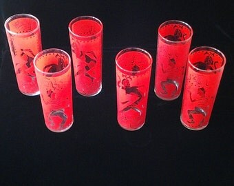 Six vintage glasses / Barware / Theatre themed glasses