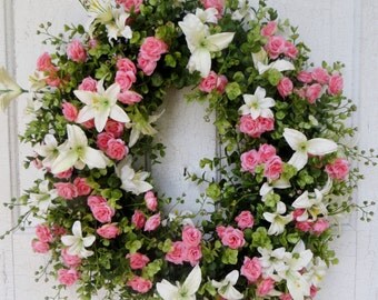 Beautiful spring wreath, pink roses and creme lillies, Front door wreath, summer door wreath, spring wreath, home decor, floral wreath