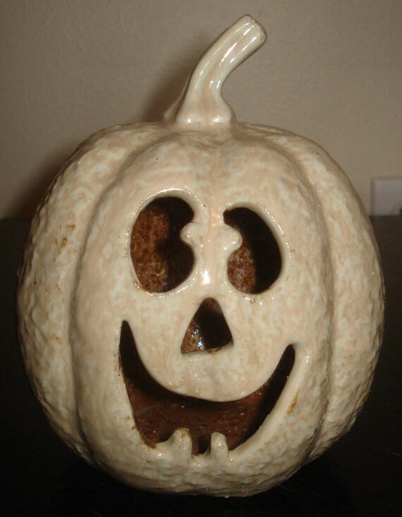 Ceramic White JackoLantern Pumpkin Halloween Fall Autumn Art