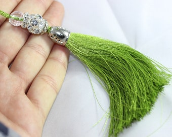 5 Pcs Green Silky Thread Tassel, Beaded Tassel Necklace, 130 mm Tassel Pendants with Swarovski Stones