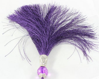 1 Pc Dark Purple Silky Thread Tassel, Beaded Tassel Necklace, 120 mm Tassel Pendants with Beads and Silver Tone Caps