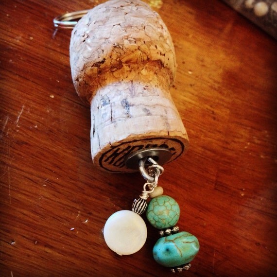 Turqoise beaded korbel champagne cork keychain by Corksnkrafts