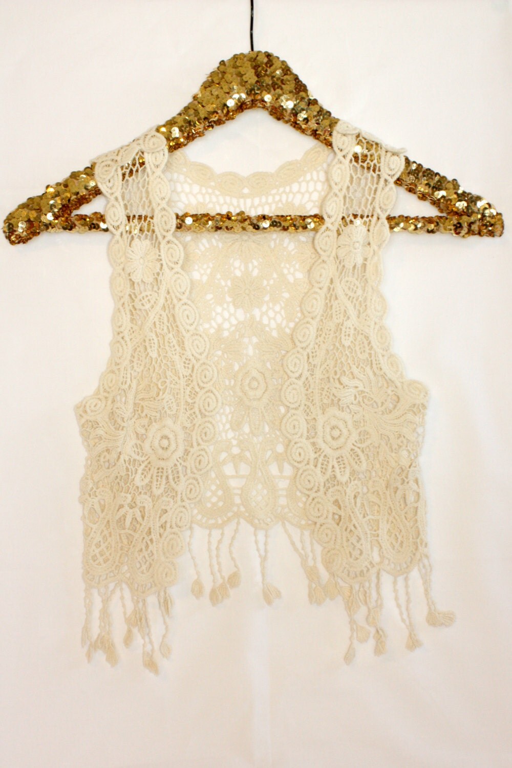 Crochet Vest Ivory Cream Tassel Fringe Vest Boho Hippie