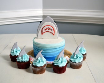 Shark Party Cake and Cupcakes Topper (1 dozen cupcakes and 1 cake topper)