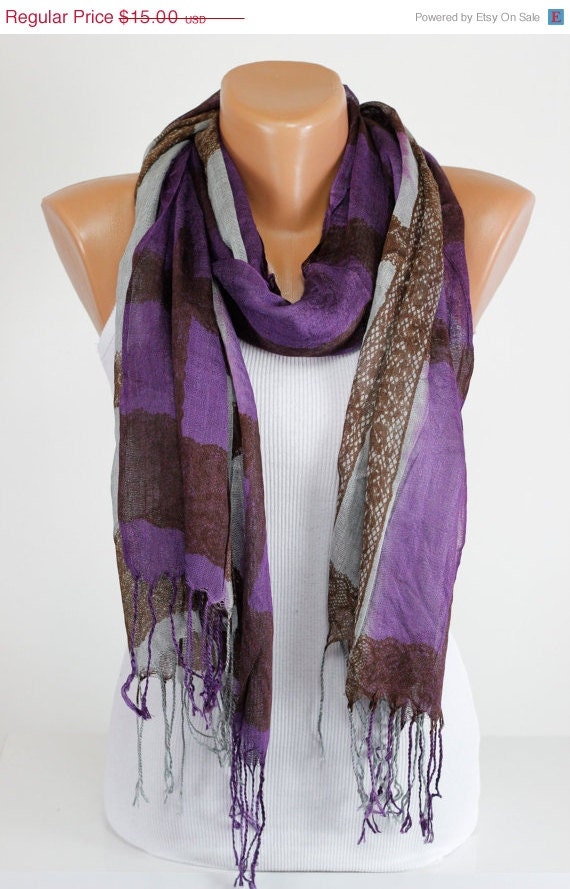 Purple Gray Scarf Lace Design Yarn Fringe Oversize by echerpe