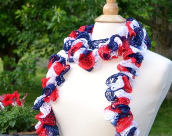 Handmade, Crocheted Sashay Scarf - 97% acrylic yarn; 67 inches long; 4th of July; Memorial Day; patriotic scarf; red, white, and blue; gifts