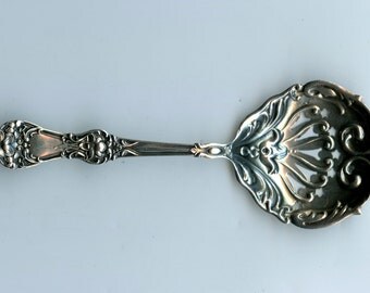 Antique-Baker-Manchester-Sterling-Silver-Pierced-Bon Bon-Sugar-Spoon-Art Nouveau-Floral-Flower-BMS11-5 1/2"