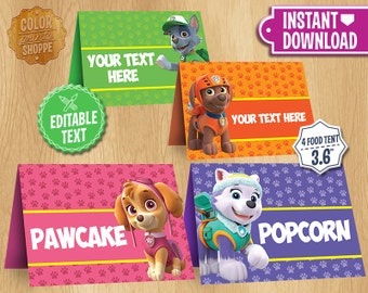 Paw Patrol Table Tents - INSTANT DOWNLOAD Customizable Food Tent Printable Cards Favors - Skye Everest Rocky Zuma - Editable Text