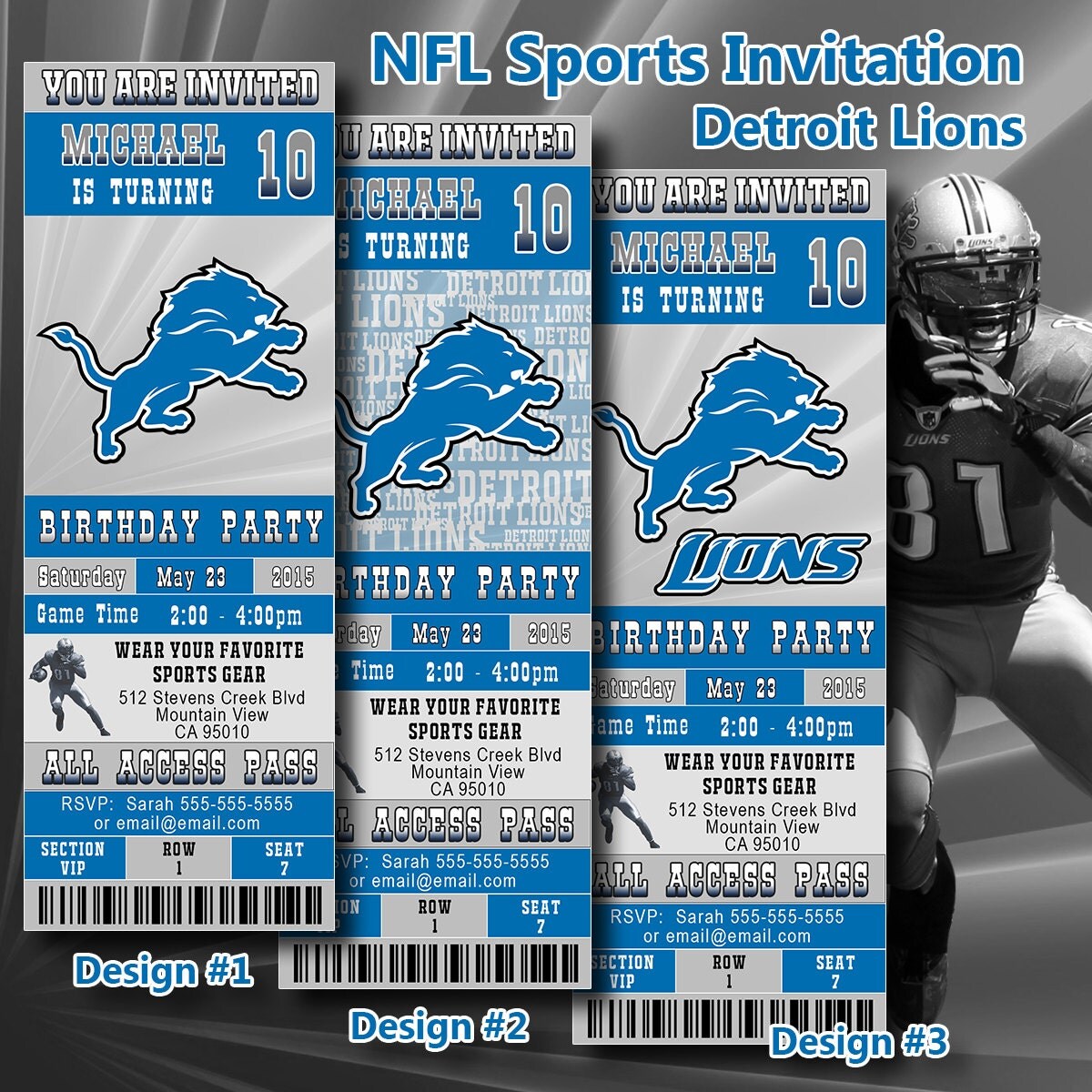 Detroit Lions Birthday Invitation Football Ticket by DigiSport