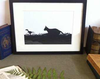 Art - anachronism cat and little dinosaur - Silhouette cut out paper 150 g/m2 - Papercut cat hunting a small dinosaur black canson