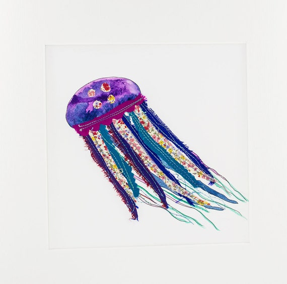 Jellyfish Painting Mixed Media Collage Textile Art by AmelieHeart