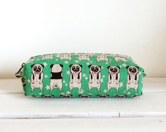 SALE Long box pouch - pug in green LAST ONE
