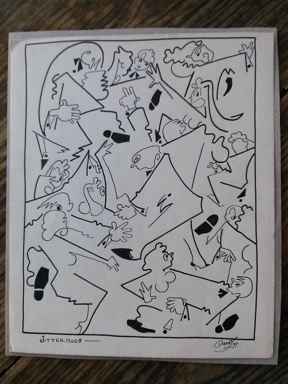 Vintage 1930s Print Pen and Ink Drawing Art Deco Jitterbug