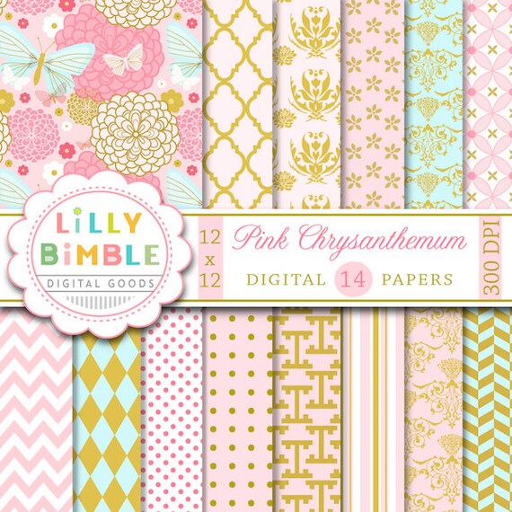 60% off Elegant Digital Scrapbook Paper with Pink Chrysanthemum, mums, flowers, pink and gold printable DIgital Download Il_570xn