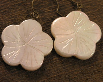 Ivory or pink flowers carved on large genuine shell beads and antique brass handmade earrings