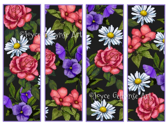 Items similar to Printable Bookmarks, Flowers on Black Background