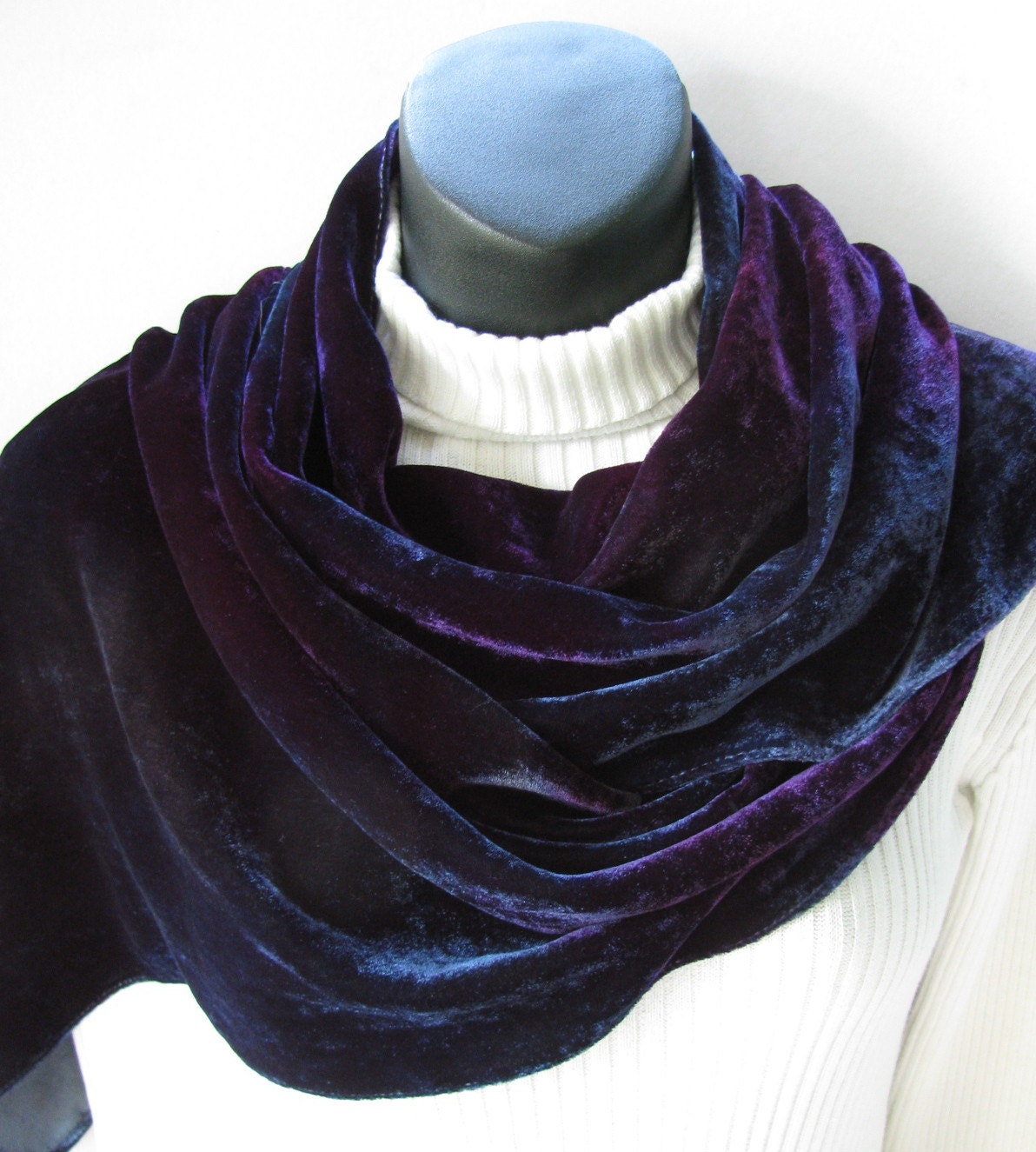 Hand dyed velvet scarf for womenPurple teal and grey velvet