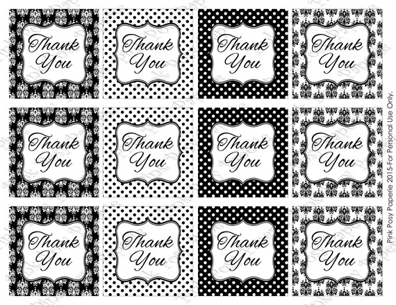 printable black and white damask and dot thank you tags