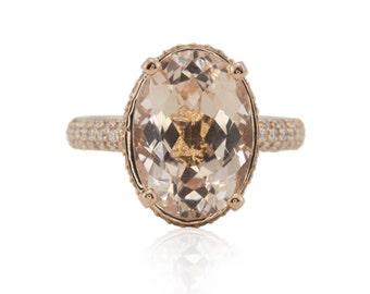 Rose Gold Engagement Ring, Morganite Engagement Ring, Diamond Halo Engagement Ring, Oval Engagement Ring, 7 Carat Engagement Ring - LS2865