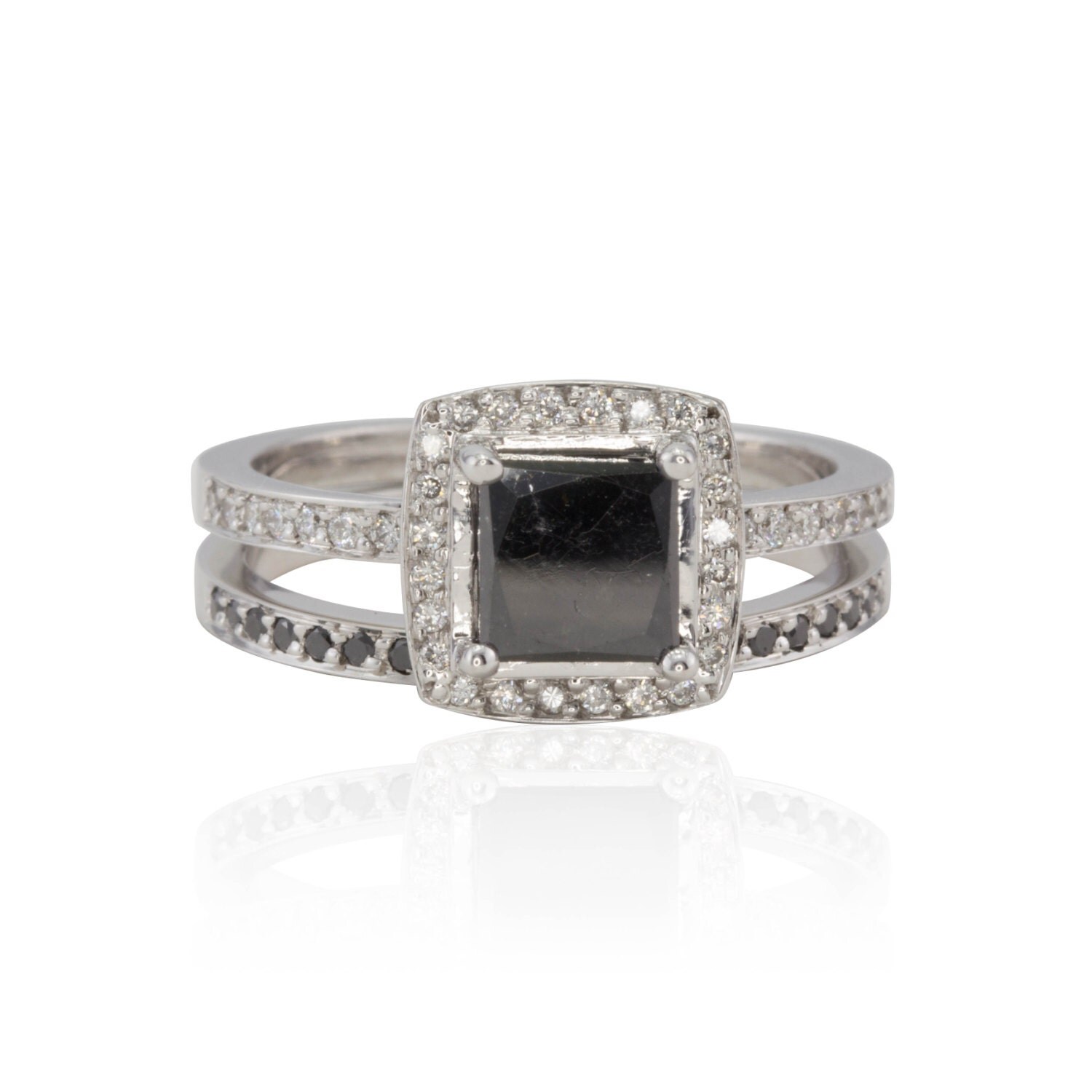 Black Diamond Ring Square Cut Black and White Diamond