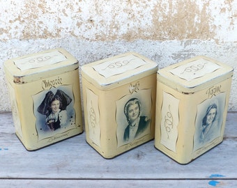 Vintage Antique 1930 French tin box set of 3 canisters regionalist women portraits