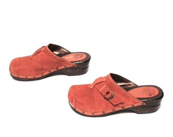 size 8 CLOGS orange suede 70s 80s 90s WOODEN SKECHERS platform mules