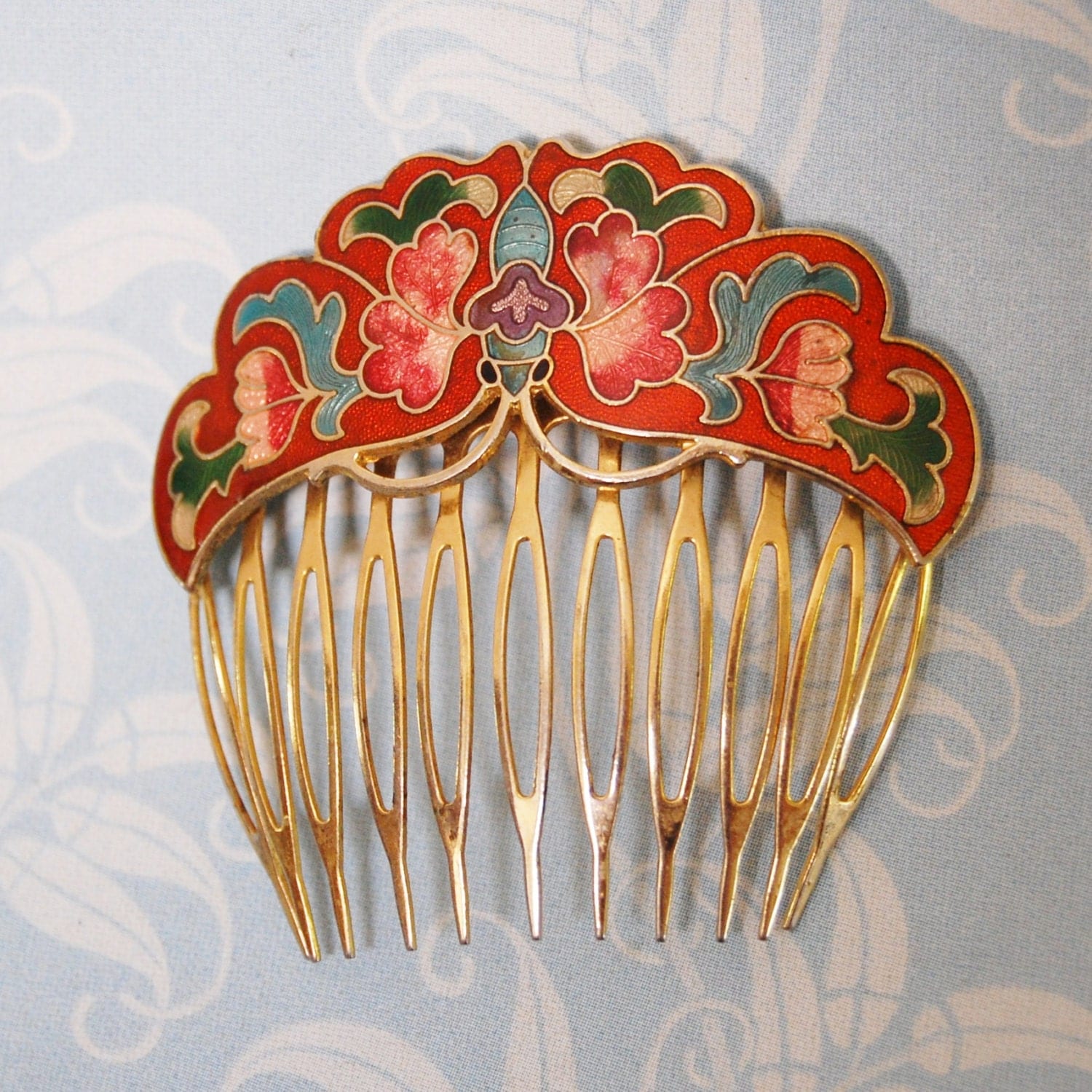 1970s Enamel Cloisonne Buterfly Hair Comb Vintage Boho
