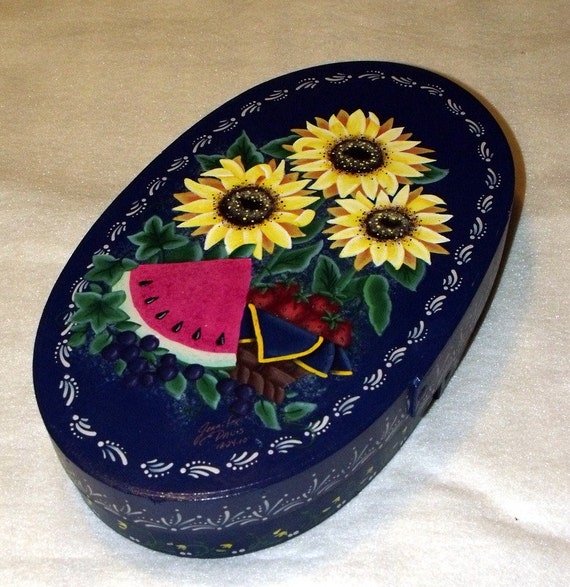 Hand Painted Shaker Style Wooden Summertime Decorative Box - Watermelons - Sunflowers - Berries - Home Decor - Folk Art - Storage Container
