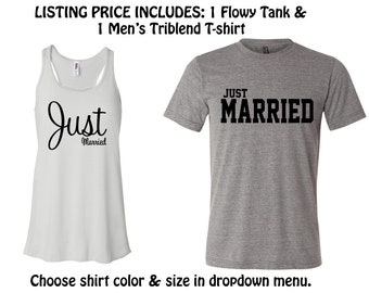 JUST MARRIED SHIRTS. Just Married set. Just Married tank. Honeymoon shirts. Bride Groom gift.