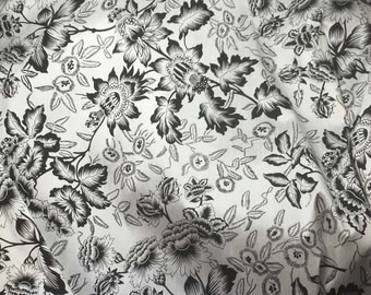 Black and White Floral Silk SHANTUNG Fabric 1 Yard