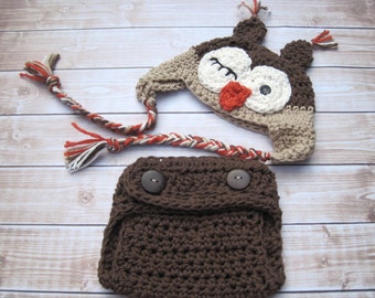 Crochet Baby Hat and Diaper Cover, Baby Owl Hat, Baby Boy Cothing, Newborn owl Hat, Infant Owl Hat, Baby Boy Hat, Halloween Costume, Brown