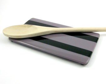 Glass Spoon Rest - Mauve and Black Striped Spoon Rest - Fused Glass Butter Dish