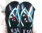 Ladies Size XL Seafoam Green Flip Flops with Hand Painted Red White and Blue Striped USA Eagle Free Shipping Patriotic Summer Sandale