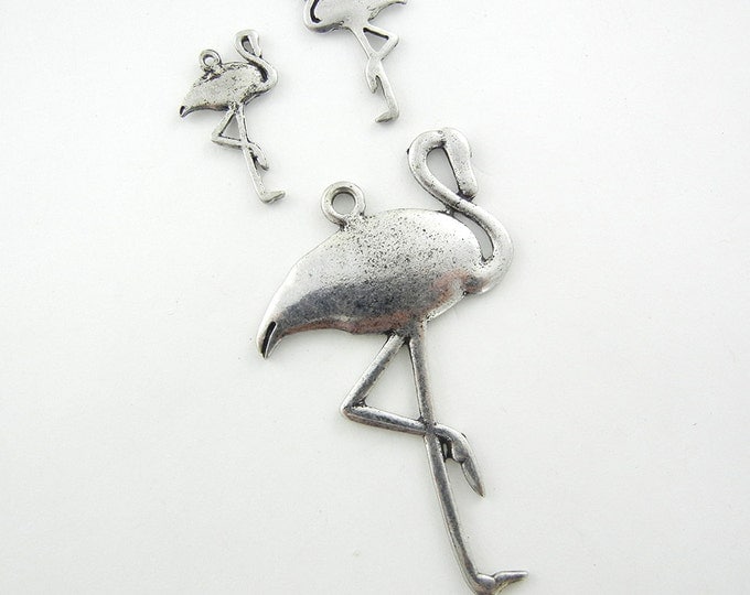 Set of Flamingo Pendant and Charms Antique Silver-tone