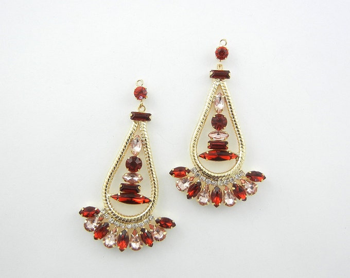 Pair of Gold-tone Drop Charms with Red and Pink Faceted Rhinestones