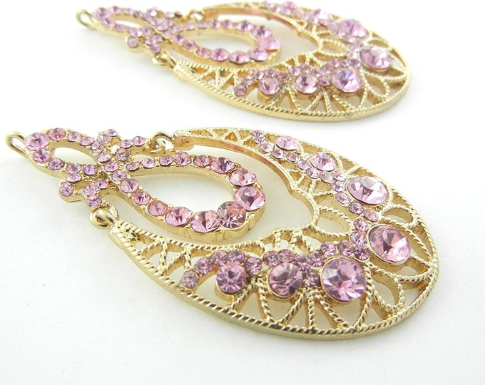 Pair of Chandelier Filigree Pink Rhinestone Gold-tone Drop Charms