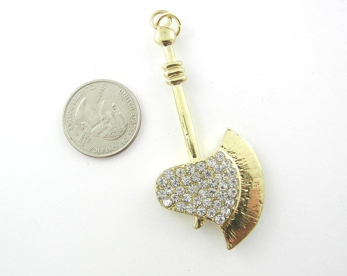 Gold-tone Medieval Axe or Hatchet Pendant with Doublesided Rhinestones