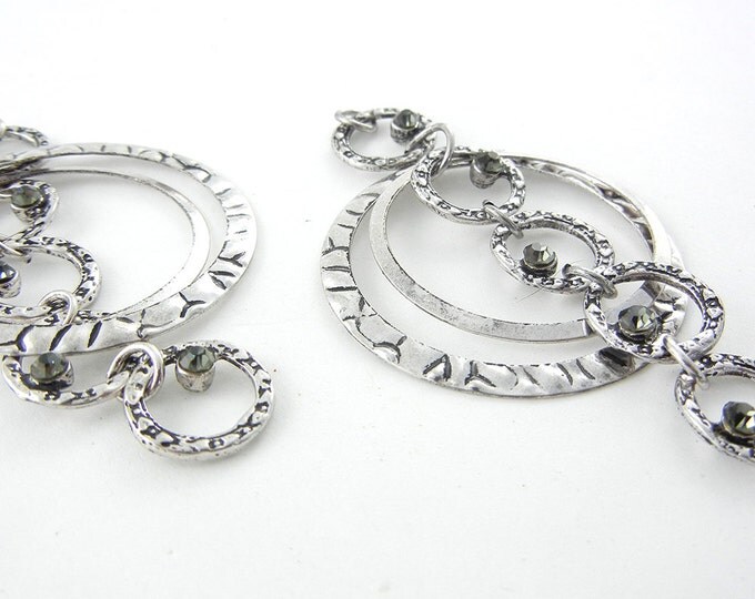 Pair of Circle Drop Charms Antique Silver-tone Gray Rhinestones