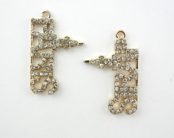 Pair of Gold-tone Paris Word Charms Small Rhinestone Encrusted