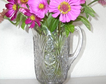 vintage glass pitcher for serving drinks or to hold flowers - shabby chic cottage decor - ornate hollywood regency