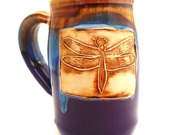 Handmade Pottery Mug pottery and ceramics Dragonfly purple and blue Jewel Pottery